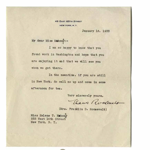 Eleanor Roosevelt Letter Signed From 1933 -- Eleanor Writes to Helena Mahoney, FDR's Personal Physical Therapist